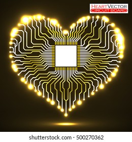 Abstract neon electronic circuit board in shape of heart, technology background, vector illustration eps 10