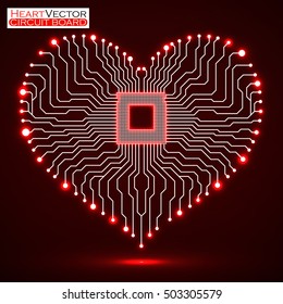 Abstract neon electronic circuit board in shape of heart, technology background, vector illustration eps 10