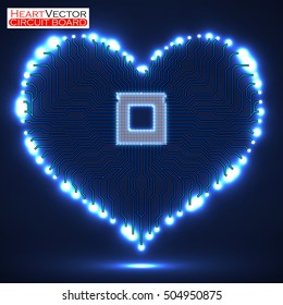 Abstract neon electronic circuit board in shape of heart, technology background, vector illustration eps 10