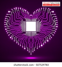 Abstract neon electronic circuit board in shape of heart, technology background, vector illustration eps 10