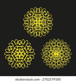 Abstractas elemento de neón. Mandala amarillo brillante. Vector geométrico circular. Diseño de fondo oscuro
