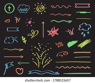 Abstract neon elements on isolated black background. Chaotic lines. Signs for design