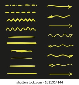 Abstract neon elements on isolated black background. Underlines and arrows. Hand drawn signs for design