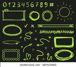 Abstract neon elements on isolated black background. Chaotic lines. Signs for design