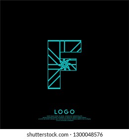 abstract neon F logo letter lines in cyan color design concept