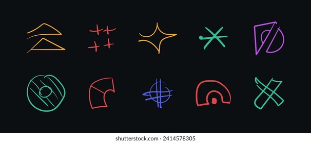 Abstract neon figure set. Trendy icons for website. Stars and donut. Hand drawn sketches and ornaments. Graphic elements for webpage. Cartoon flat vector collection isolated on black background