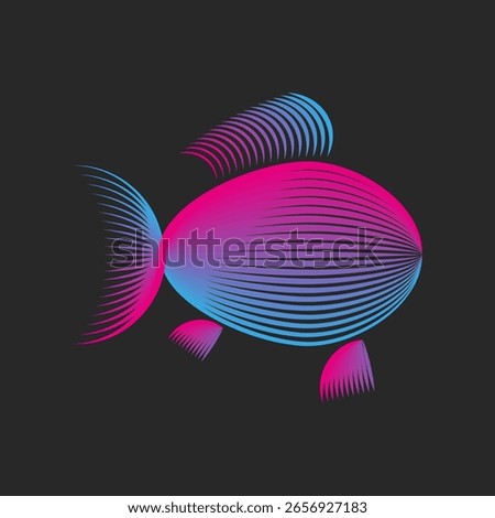 Abstract neon fish silhouette logo from blue-pink gradient thin lines in futuristic psychedelic style, symbol of aquatic life, cyberpunk creativity, aquarium and marine pet emblem on dark background.