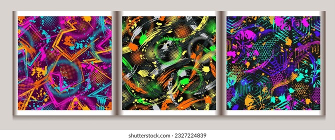 Abstract neon fluorescent patterns with splattered paint, grunge paint brush strokes, smudge, halftone. Dense random chaotic composition. Good for apparel, fabric, textile, sport goods, vynil wrap