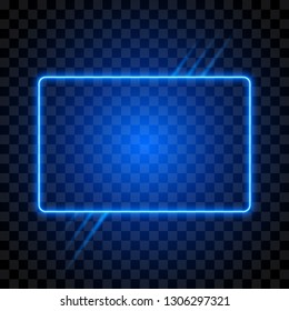 Marco abstracto de neón con luz azul, borde rectangular, aislado en fondo transparente, ilustración vectorial.