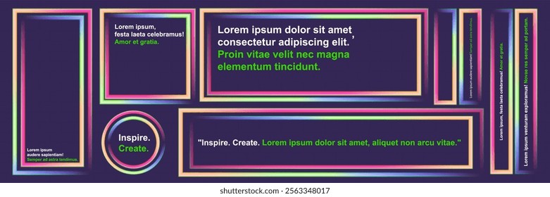 Abstract neon frame composition with multicolored glowing outlines on dark gradient background. Stylized text placeholders with vibrant typography and social media-inspired design elements.