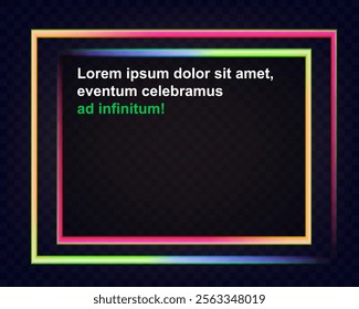 Abstract neon frame composition with multicolored glowing outlines on dark gradient background. Stylized text placeholders with vibrant typography and social media-inspired design elements.