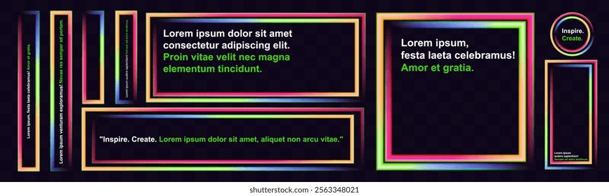 Abstract neon frame composition with multicolored glowing outlines on dark gradient background. Stylized text placeholders with vibrant typography and social media-inspired design elements.