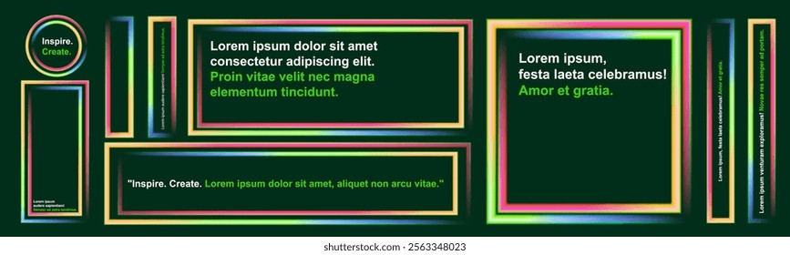 Abstract neon frame composition with multicolored glowing outlines on dark gradient background. Stylized text placeholders with vibrant typography and social media-inspired design elements.