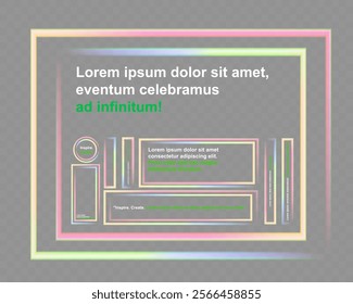 Abstract neon frame composition with multicolored glowing outlines on dark gradient background. Stylized text placeholders with vibrant typography and social media-inspired design elements.	