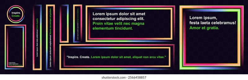 Abstract neon frame composition with multicolored glowing outlines on dark gradient background. Stylized text placeholders with vibrant typography and social media-inspired design elements.	