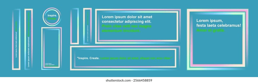 Abstract neon frame composition with multicolored glowing outlines on dark gradient background. Stylized text placeholders with vibrant typography and social media-inspired design elements.	