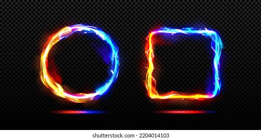 Abstract neon frames with fire and ice energy effect. Circle and square signs with border of burning magic blue and orange flame with sparks, vector realistic set