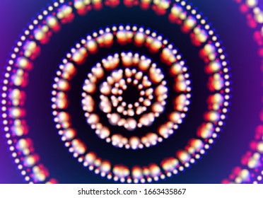 Abstract neon garland spiral circles with grid of glowing lights on the phantom blue background
