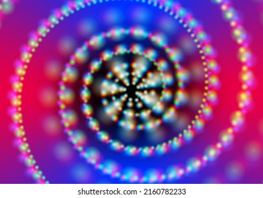 Abstract neon garland spiral circles with grid of glowing lights on the blue background.