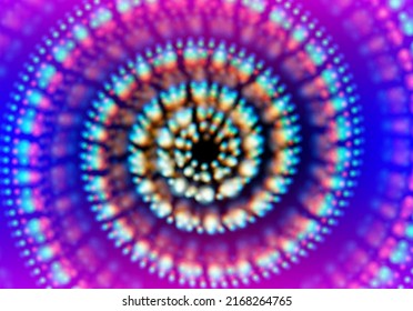 Abstract neon garland spiral circles with grid of glowing lights on the blue background.