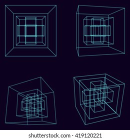 Abstract  neon geometric cubes on dark background.