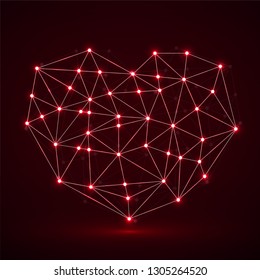 Abstract neon geometric heart of lines and dot, glowing polygonal shape. Valentine`s day background