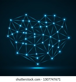 Abstract neon geometric heart of lines and dot, glowing polygonal shape. Valentine`s day background