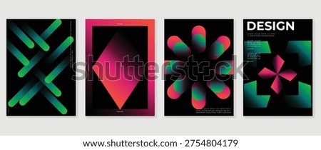 Abstract neon geometric poster set vector. Green and pink gradient shapes on black background for cover, banner, wallpaper, and modern graphic design.