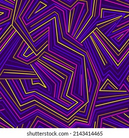 Abstract neon geometric seamless pattern with lines. Broken stripes. Digital, mosaic and urban style background. Maze swatch design.