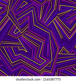 Abstract neon geometric seamless pattern with lines. Broken stripes. Digital, mosaic and urban style background. Maze swatch design.