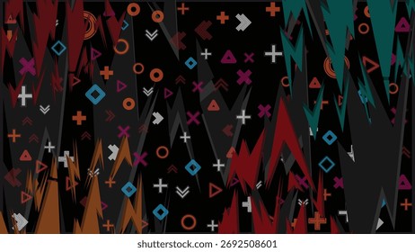 Formas geométricas Abstractas de neón con flechas multicolores Plus y patrón cruzado para el fondo de la interfaz de juego