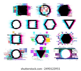 Abstract neon glitch. Collection of vector illustrations with round, square, triangular, hexagonal frames with neon glowing pixels and digital pixel noise on isolated background.