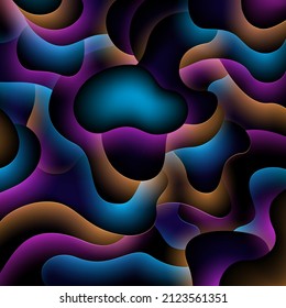 Abstract neon glow background. 3d relief backlight. Smooth shapes gradient neon back light. Colored led backlighting. Colorful banner, poster template. Copy space, place for text. Vector illustration