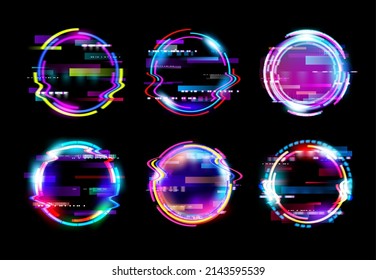 Abstract Neon Glow Circle Glitch Vector Frames. Futuristic Ring Glitch Distortion And Screen Bug Light Effects Frame Border Lines With Static Noise On Black Background, Future Technology