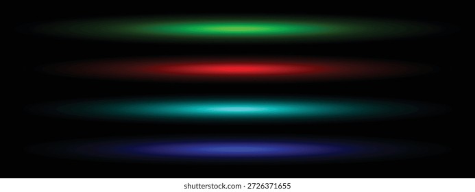 Abstractas efectos de luz de neón con vigas Horizontales de colores sobre fondo negro. Iluminación vibrante roja, verde, azul y cian para diseño futurista, efectos de escenario, interfaz de usuario, juegos y proyectos creativos.