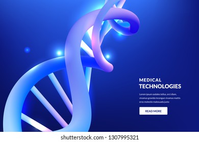 Abstract neon glowing 3d DNA blue background. Vector illustration. Medical technology, biotechnology, science research concept.