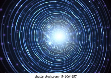 Abstract neon glowing circles on dark background. Vector light effect.