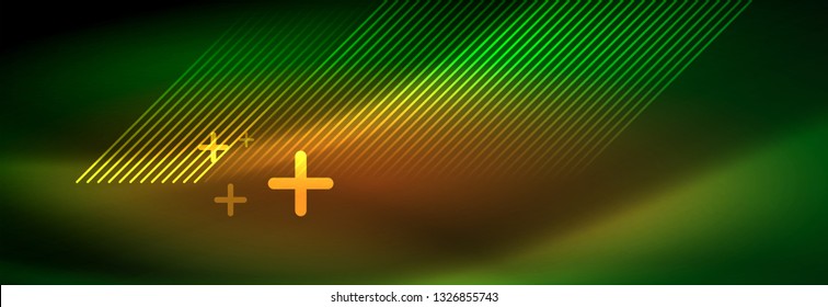 Abstraktes Neon, das hellen Hintergrund strahlt. Dunkler Hintergrund mit Lichtern. Abstrakter Hintergrund mit Neonleuchten, Nachtsicht. Vektorgrafik