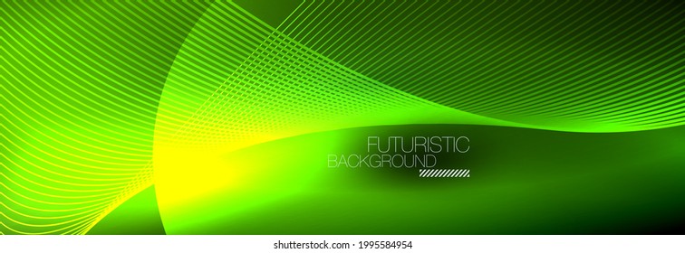 Resumen neón brillante luz en la oscuridad con olas. Energía mágica brillante y concepto de movimiento, fondo de fondo de fondo vectorial abstracto