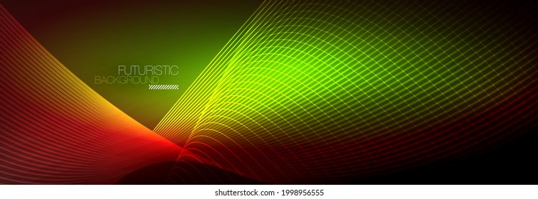 Resumen neón brillante luz en la oscuridad con olas. Energía mágica brillante y concepto de movimiento, fondo de fondo de fondo vectorial abstracto