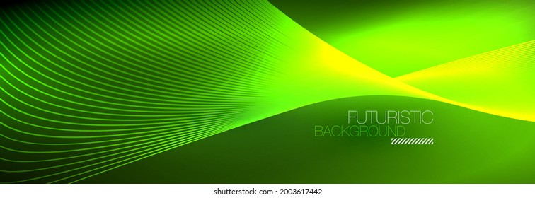 Resumen neón brillante luz en la oscuridad con olas. Energía mágica brillante y concepto de movimiento, fondo de fondo de fondo vectorial abstracto