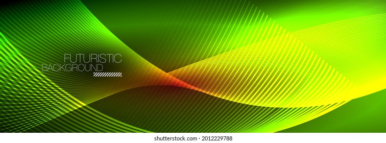 Resumen neón brillante luz en la oscuridad con olas. Energía mágica brillante y concepto de movimiento, fondo de fondo de fondo vectorial abstracto