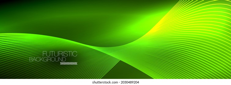 Resumen neón brillante luz en la oscuridad con olas. Energía mágica brillante y concepto de movimiento, fondo de fondo de fondo vectorial abstracto