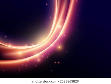 Abstract neon glowing line in motion with light sparkles and flares. Futuristic background, with neon swirl