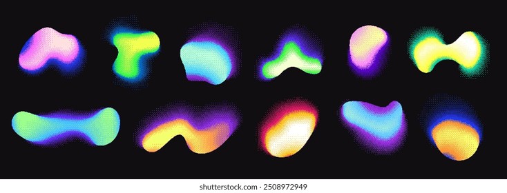 Abstract neon gradient bitmap shapes, holographic blurred fluid forms with dithering effect. Various pixelated silhouette forms on black background, vibrant grunge pixel art graphic element vector set