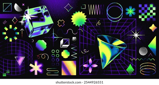 Elemento de gradiente de néon abstrato com efeito de pontilhamento de pixels, formas geométricas retrô de bitmap futurista. Formas brutalísticas pixeladas, grade de arames, conjunto de vetores de pontilhamento de onda de vaporo ácida