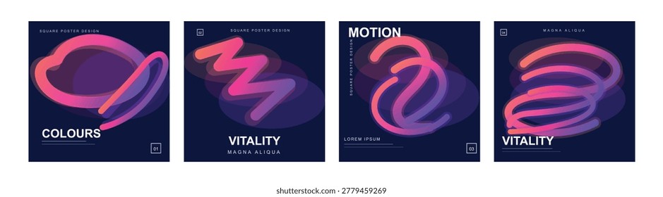 Abstract neon gradient poster collection. Dynamic fluid shapes with futuristic artistic style. Modern digital artwork concept. Vibrant creative design series.