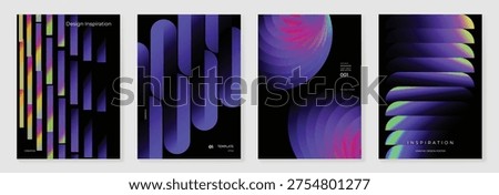 Abstract neon gradient poster vector set. Vertical rounded forms, striped bars, and glowing discs on dark background for cover, banner, and modern design.