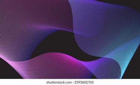 Abstract Neon Gradient Waves with Thin Lines on Dark Background, Futuristic Digital Design vector illustration