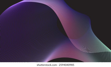 Abstract Neon Gradient Waves with Thin Lines on Dark Background, Futuristic Digital Design vector illustration